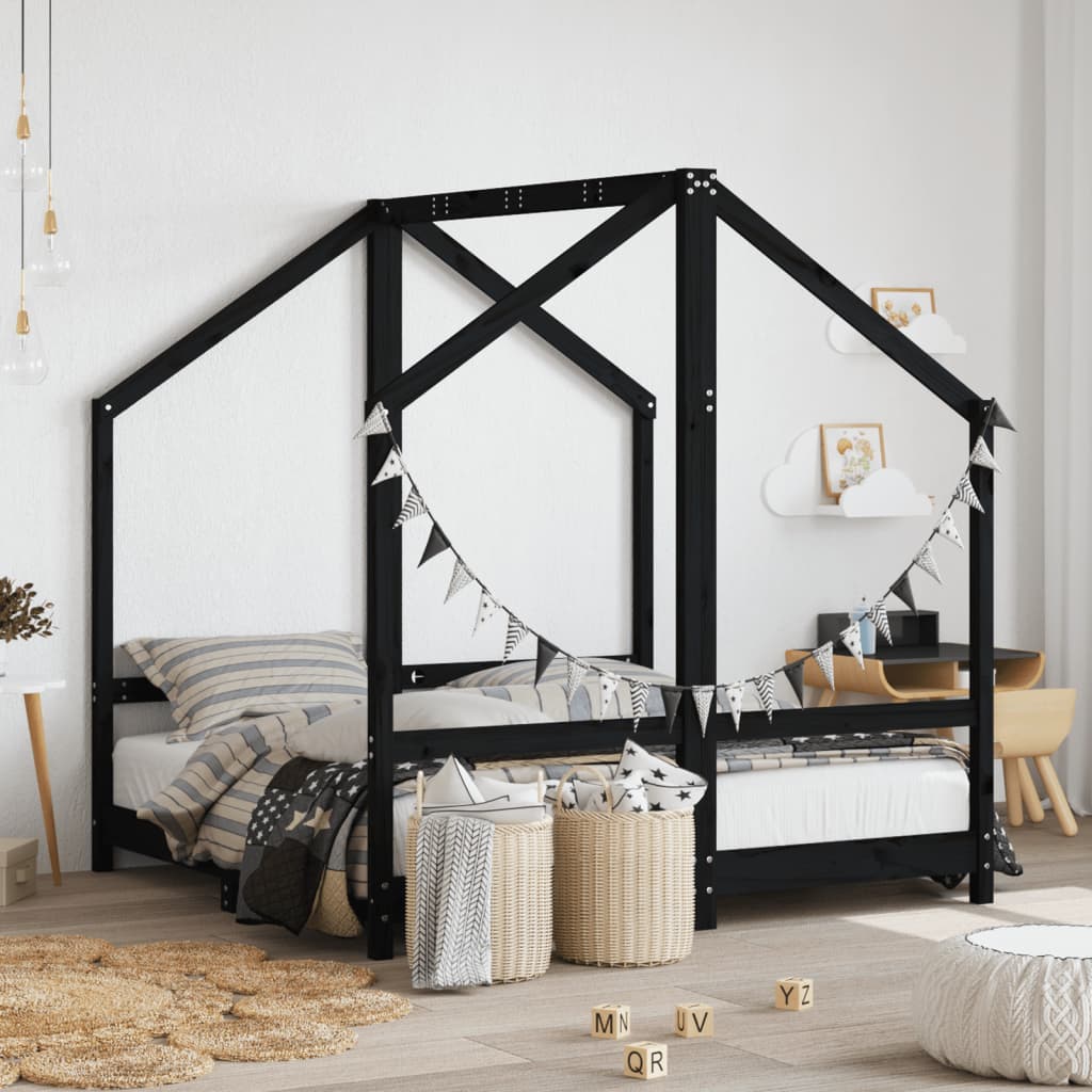 Cadre de lit pour enfant noir 2x(70x140) cm bois de pin massif - XIOS
