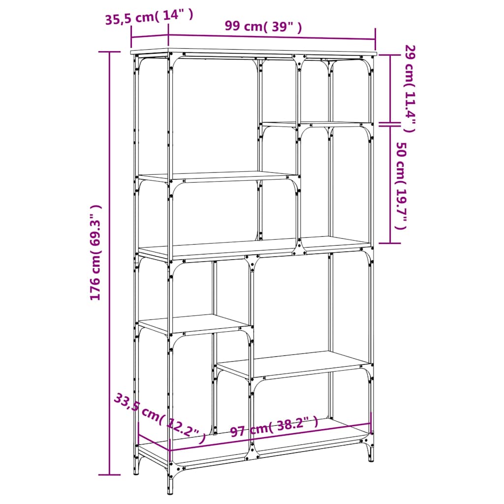 Bibliothèque chêne sonoma 99x35,5x176 cm bois ingénierie acier - XIOS
