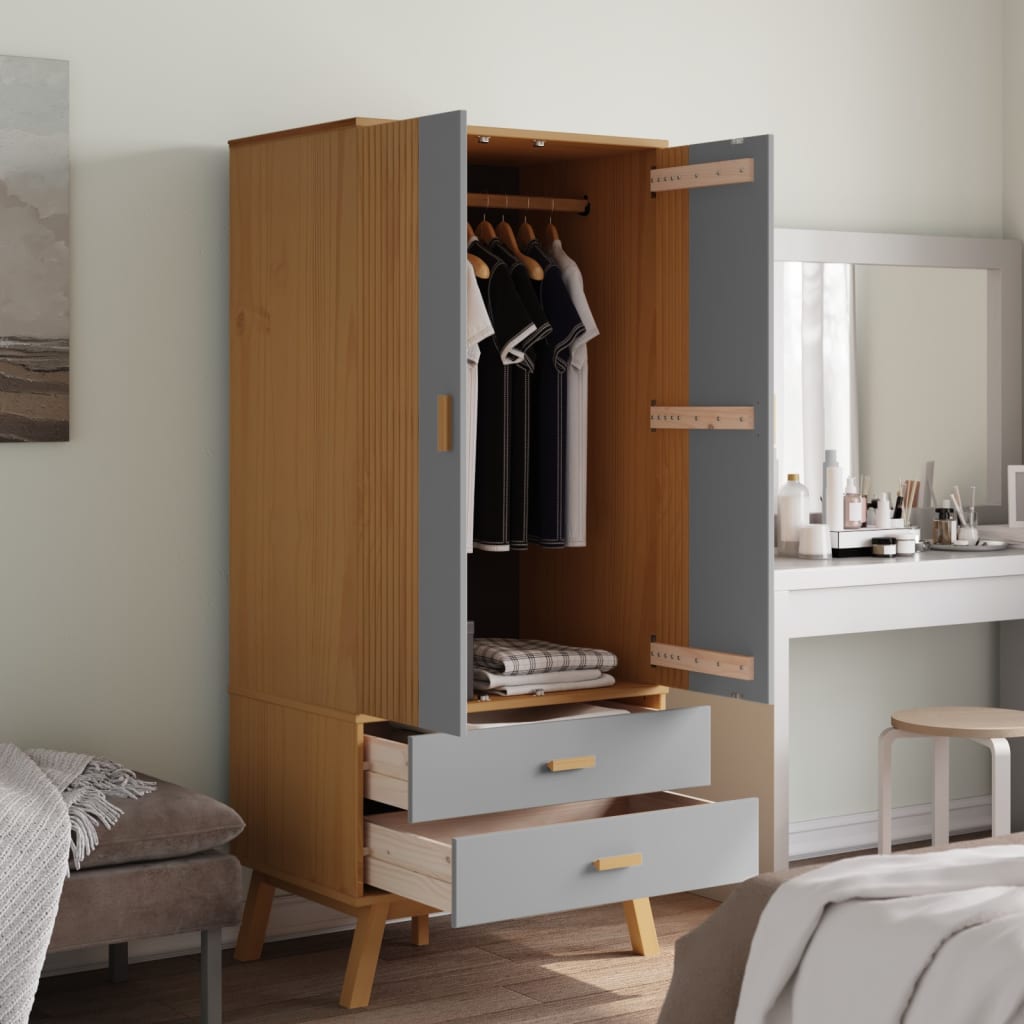 Garde-robe OLDEN gris et marron 76,5x53x172 cm bois massif pin - XIOS