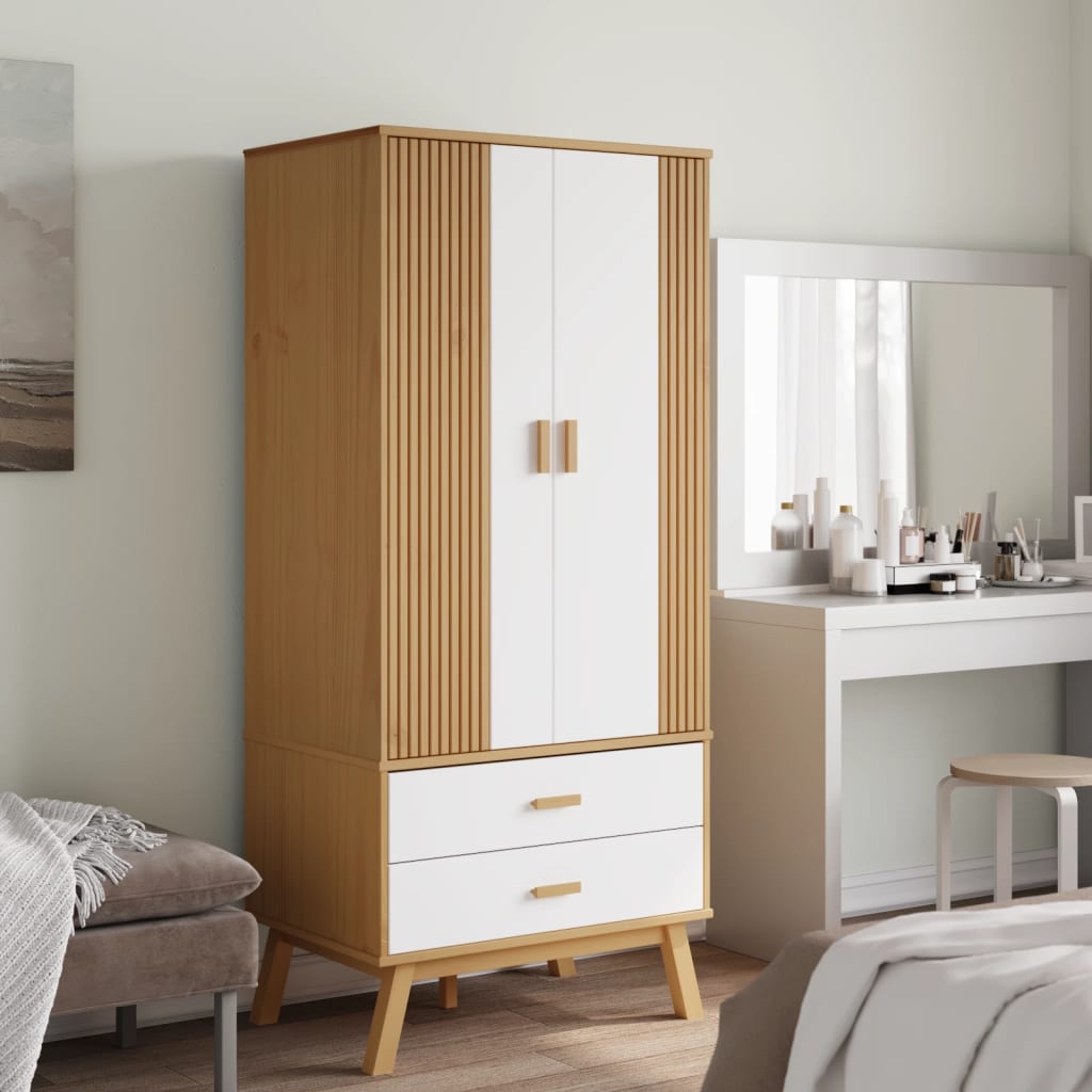 Garde-robe OLDEN blanc et marron 76,5x53x172 cm bois massif pin - XIOS