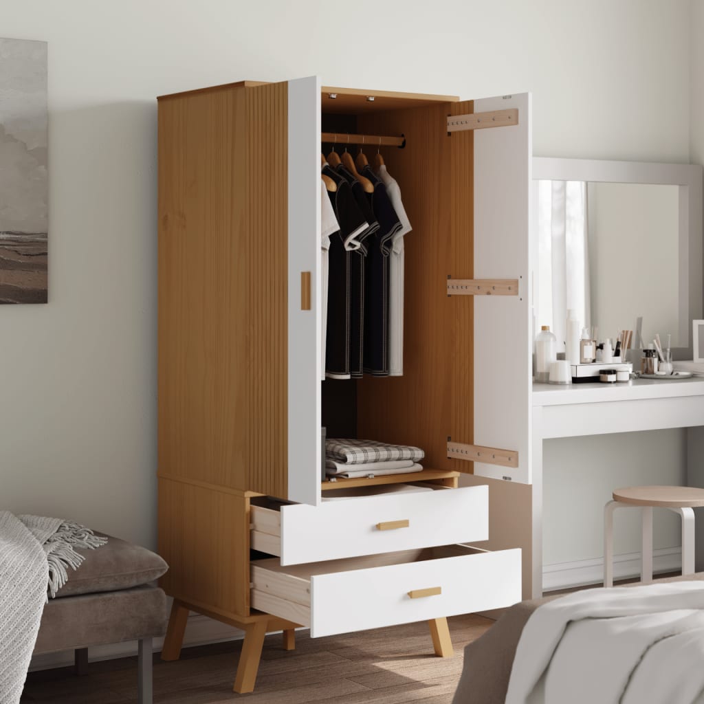 Garde-robe OLDEN blanc et marron 76,5x53x172 cm bois massif pin