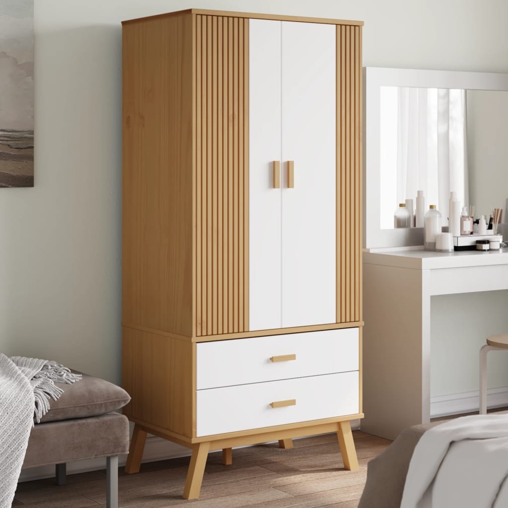 Garde-robe OLDEN blanc et marron 76,5x53x172 cm bois massif pin - XIOS