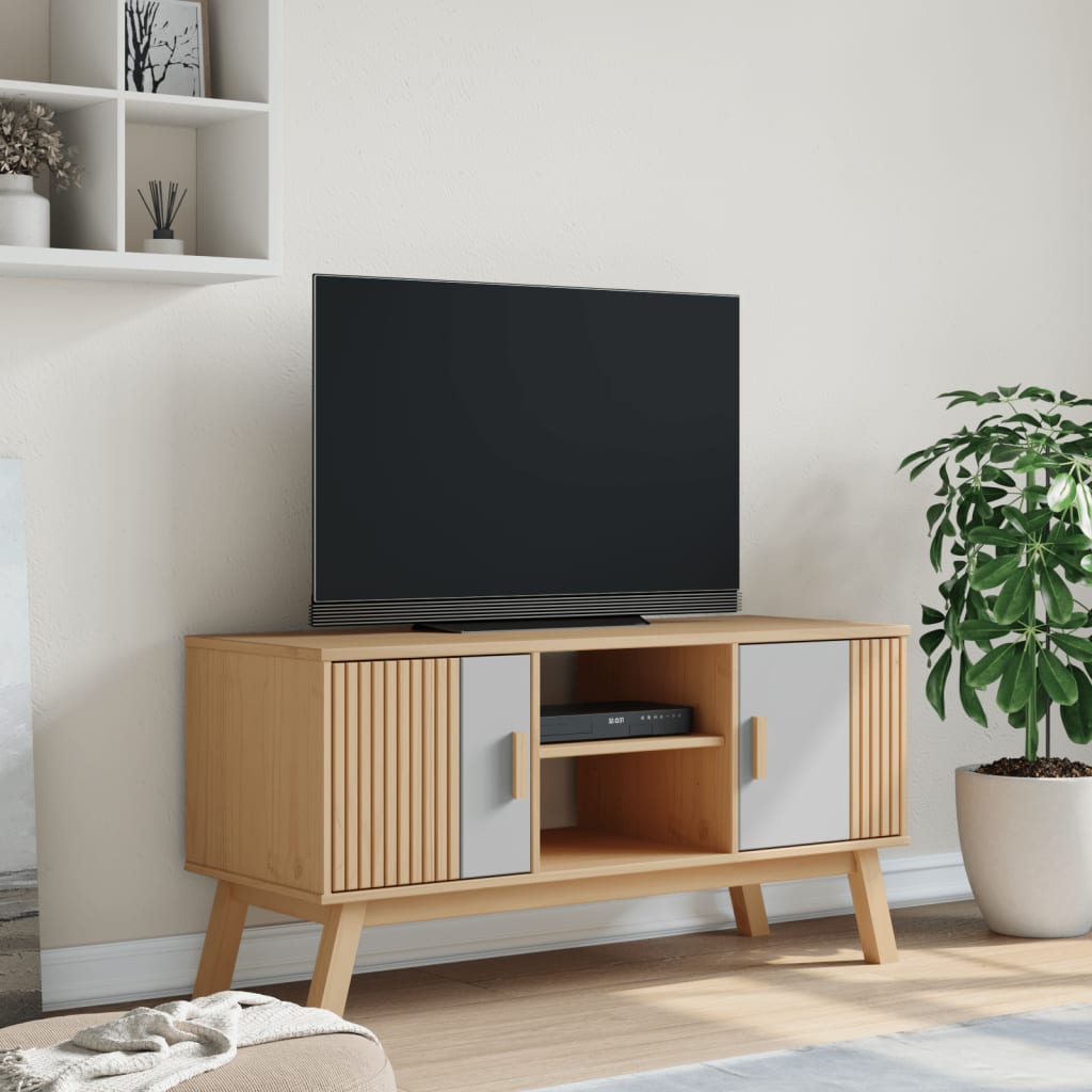 Meuble TV OLDEN gris et marron 114x43x57 cm bois de pin massif - XIOS