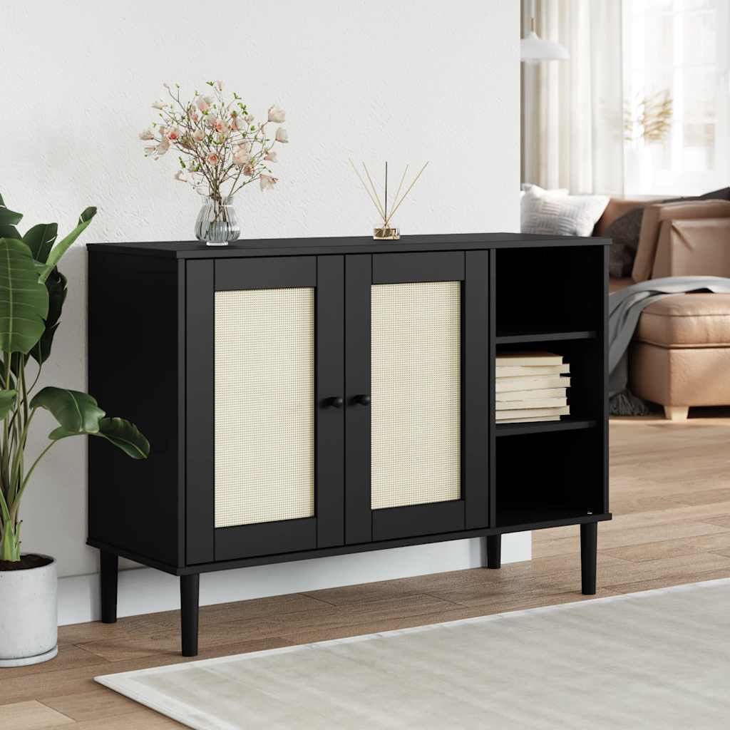 Buffet SENJA aspect rotin noir 112x40x80cm bois massif de pin - XIOS