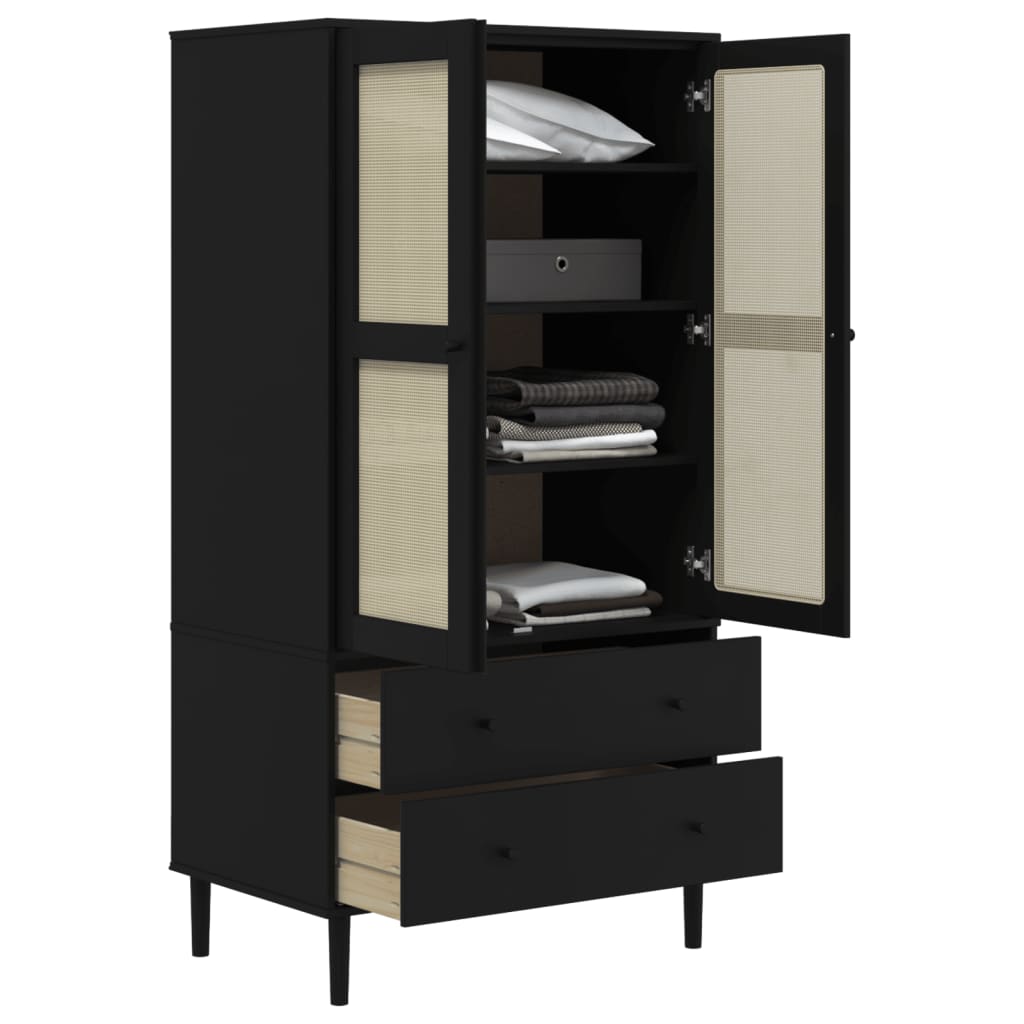 Garde-robe SENJA aspect rotin noir 90x55x175 cm bois massif pin - XIOS
