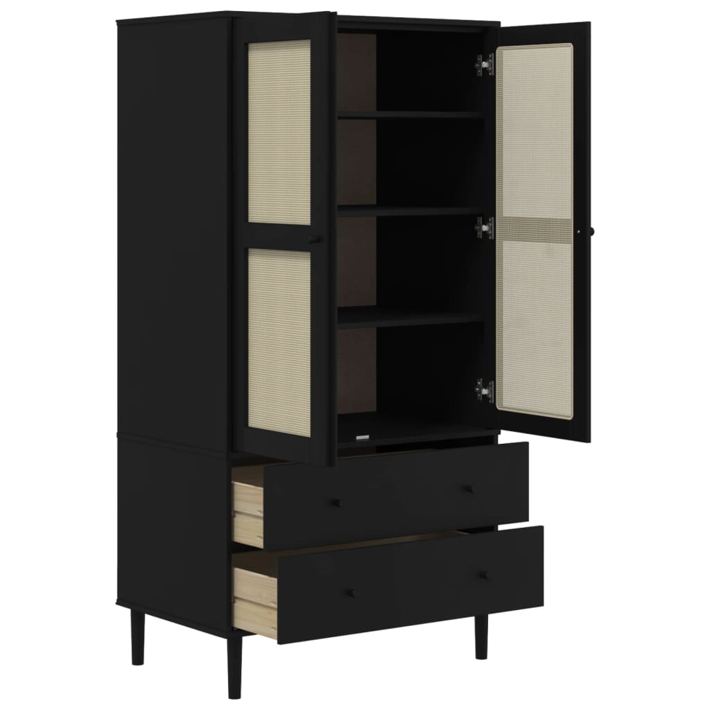 Garde-robe SENJA aspect rotin noir 90x55x175 cm bois massif pin - XIOS