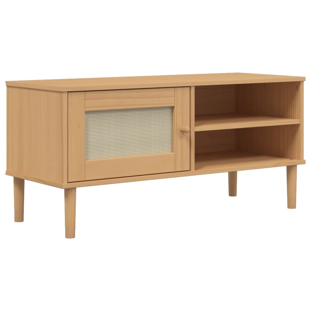 Meuble TV SENJA aspect rotin marron 106x40x49cm bois massif pin - XIOS