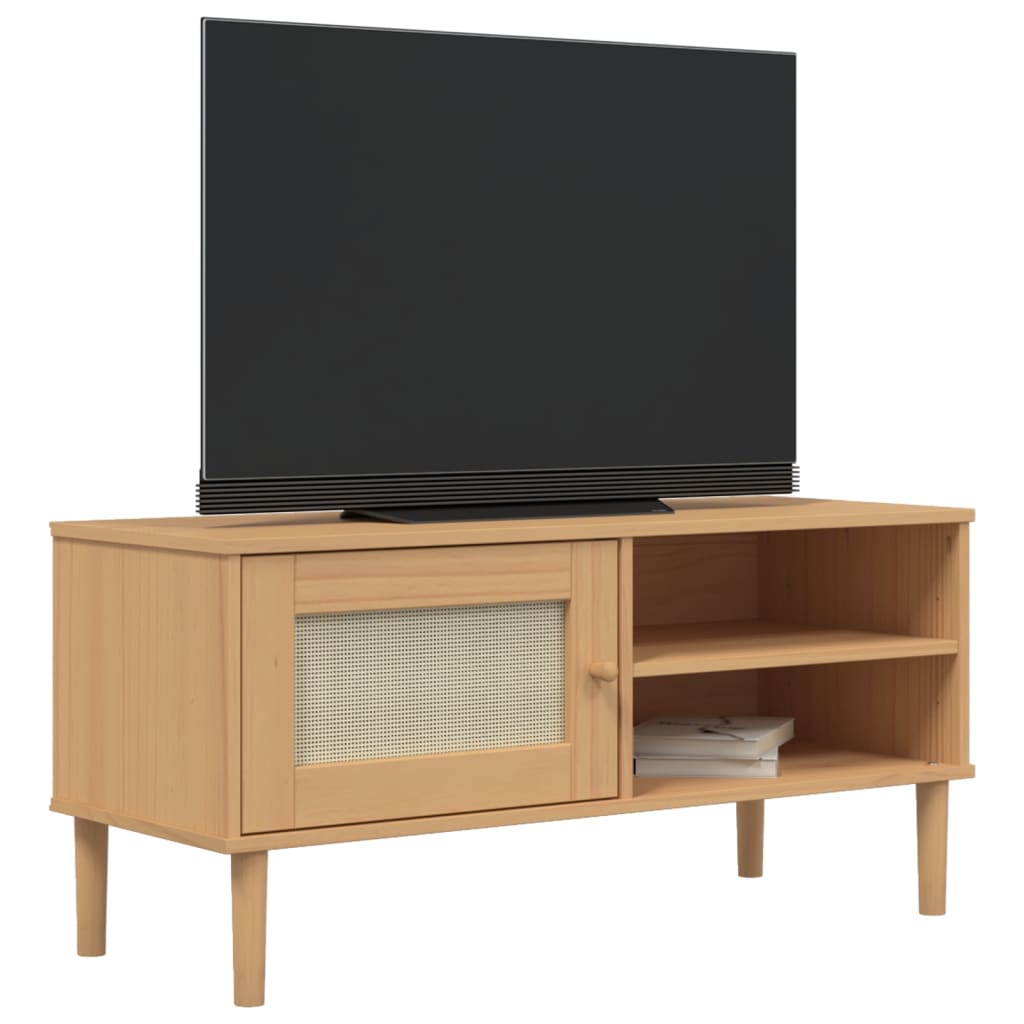 Meuble TV SENJA aspect rotin marron 106x40x49cm bois massif pin - XIOS