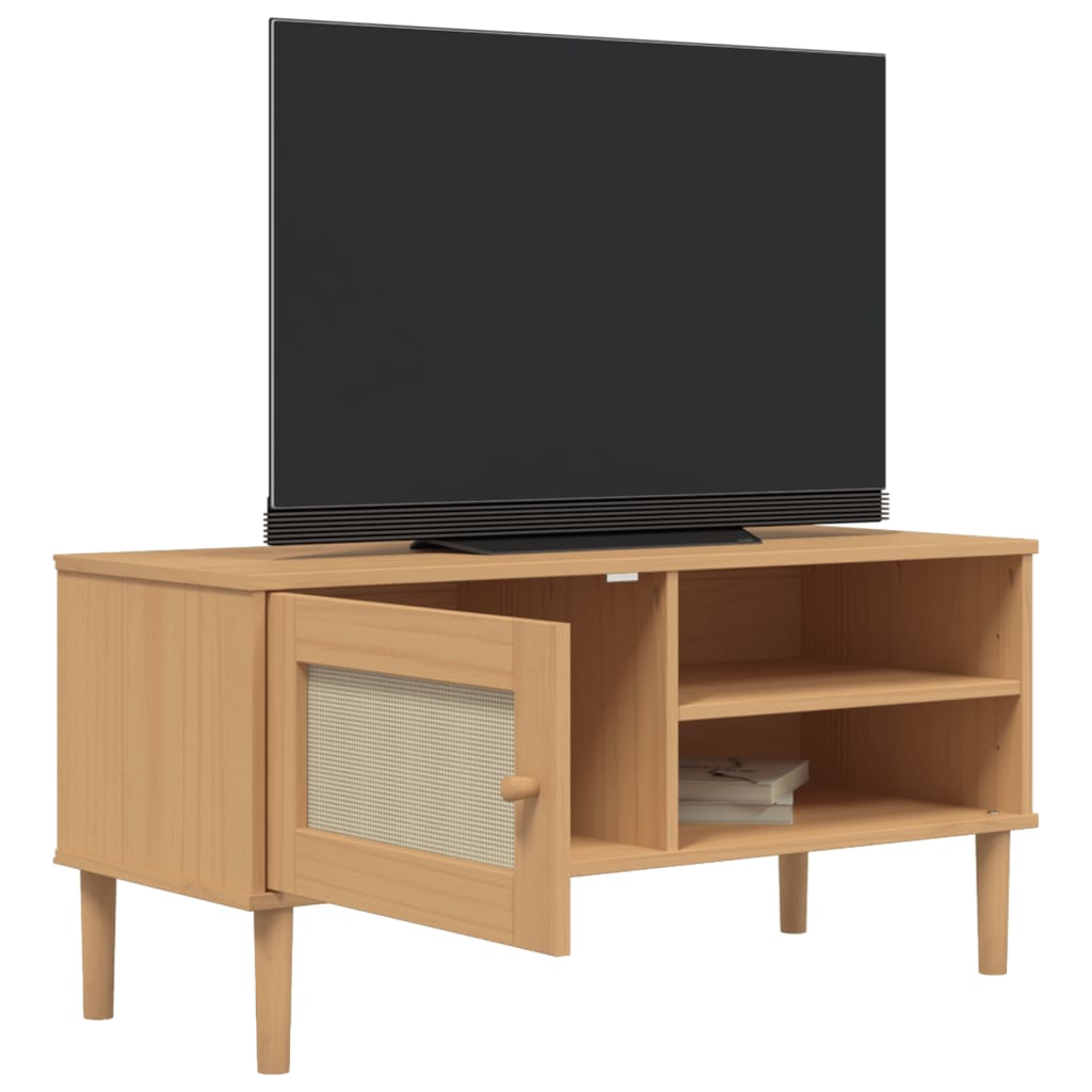 Meuble TV SENJA aspect rotin marron 106x40x49cm bois massif pin - XIOS
