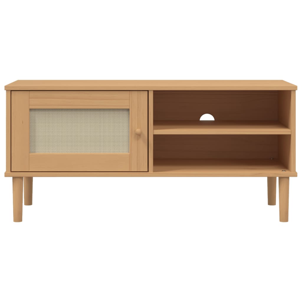 Meuble TV SENJA aspect rotin marron 106x40x49cm bois massif pin - XIOS