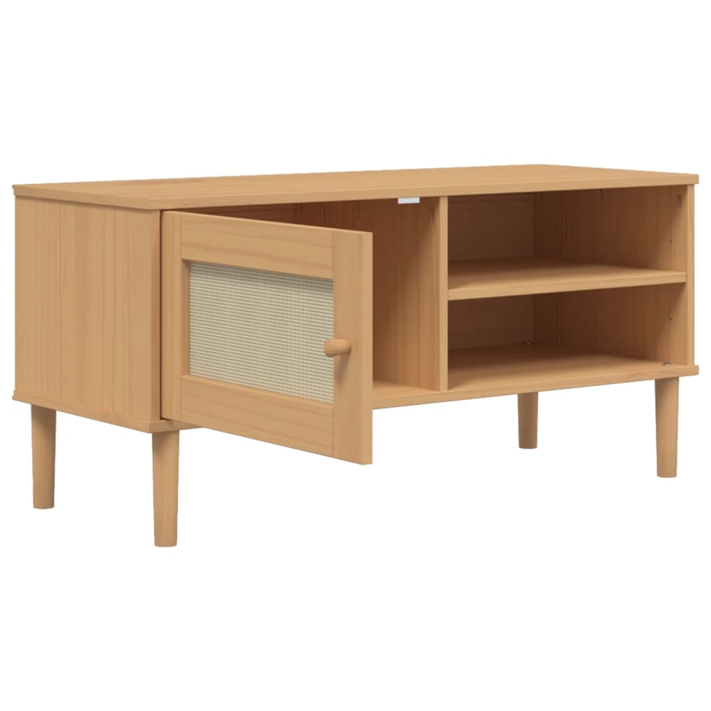 Meuble TV SENJA aspect rotin marron 106x40x49cm bois massif pin - XIOS