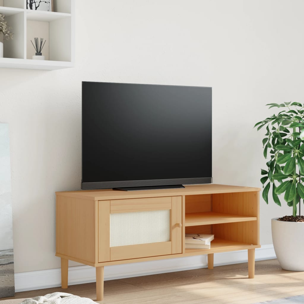 Meuble TV SENJA aspect rotin marron 106x40x49cm bois massif pin - XIOS