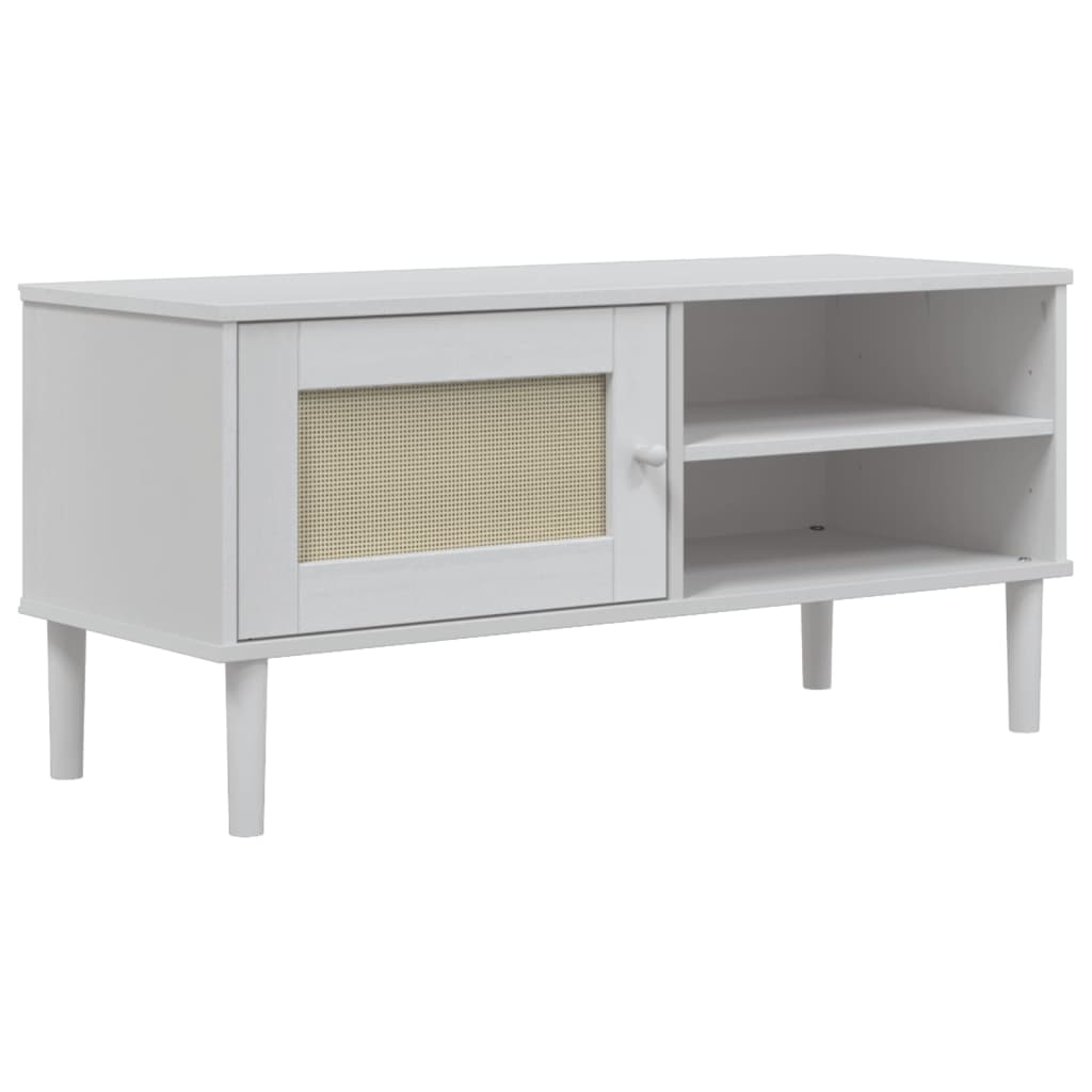 Meuble TV SENJA aspect rotin blanc 106x40x49cm bois massif pin - XIOS