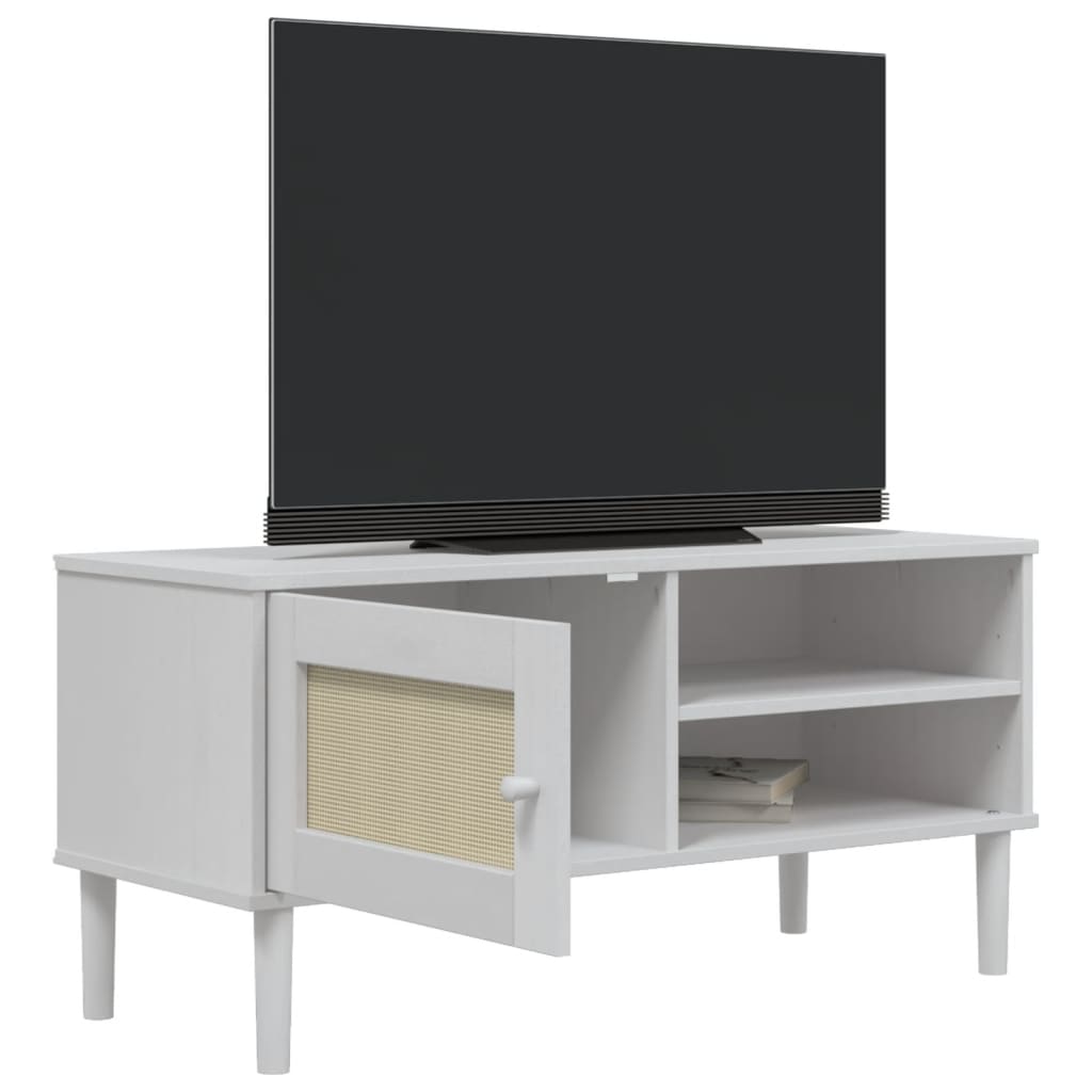 Meuble TV SENJA aspect rotin blanc 106x40x49cm bois massif pin - XIOS
