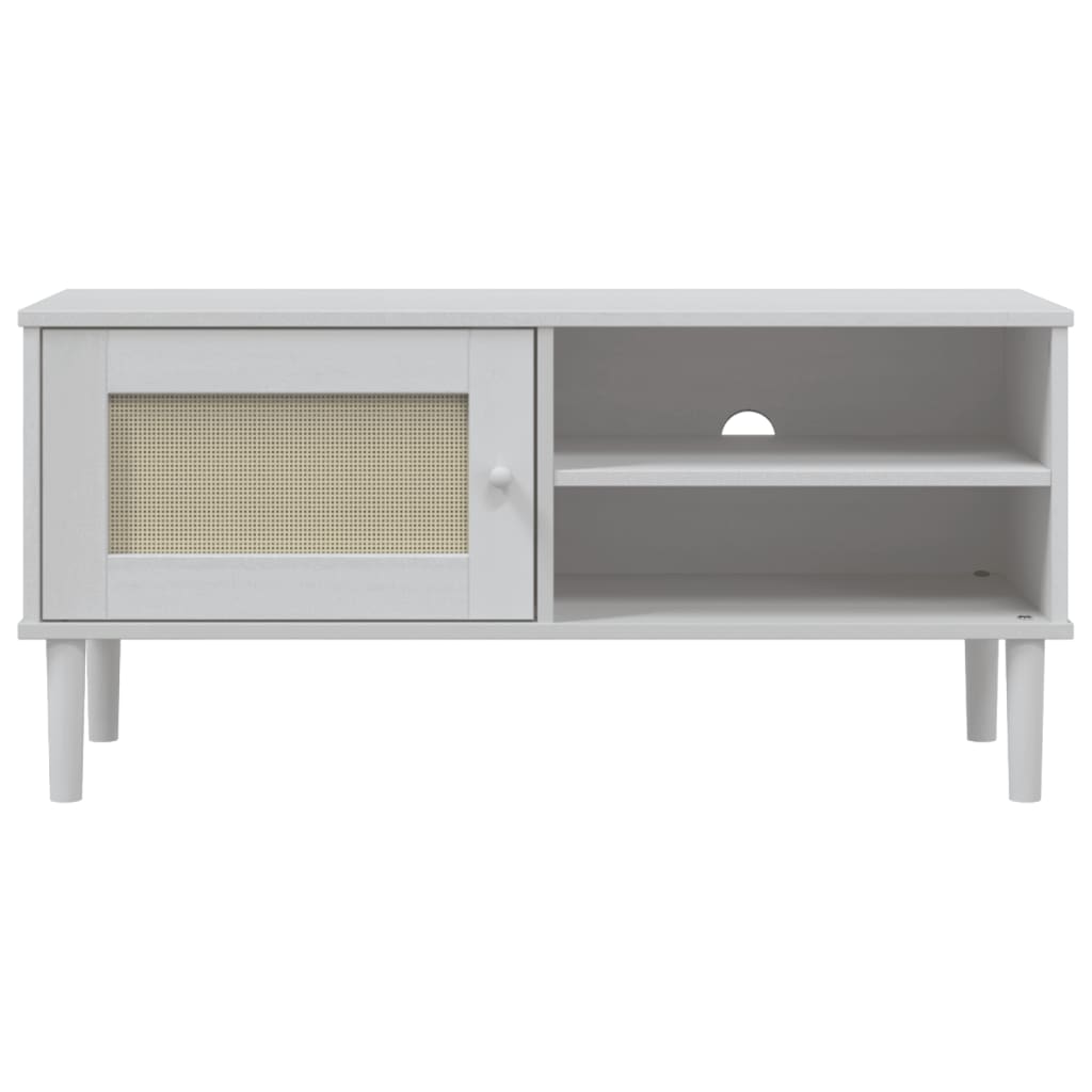 Meuble TV SENJA aspect rotin blanc 106x40x49cm bois massif pin - XIOS