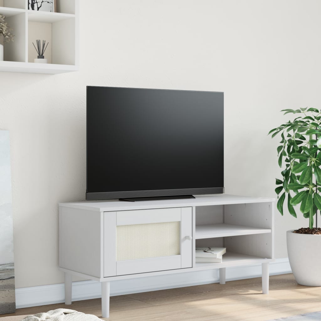 Meuble TV SENJA aspect rotin blanc 106x40x49cm bois massif pin - XIOS