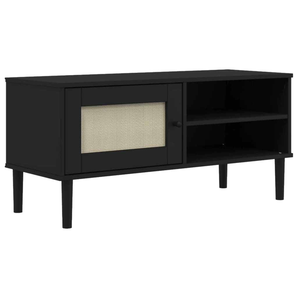 Meuble TV SENJA aspect rotin noir 106x40x49cm bois massif pin - XIOS