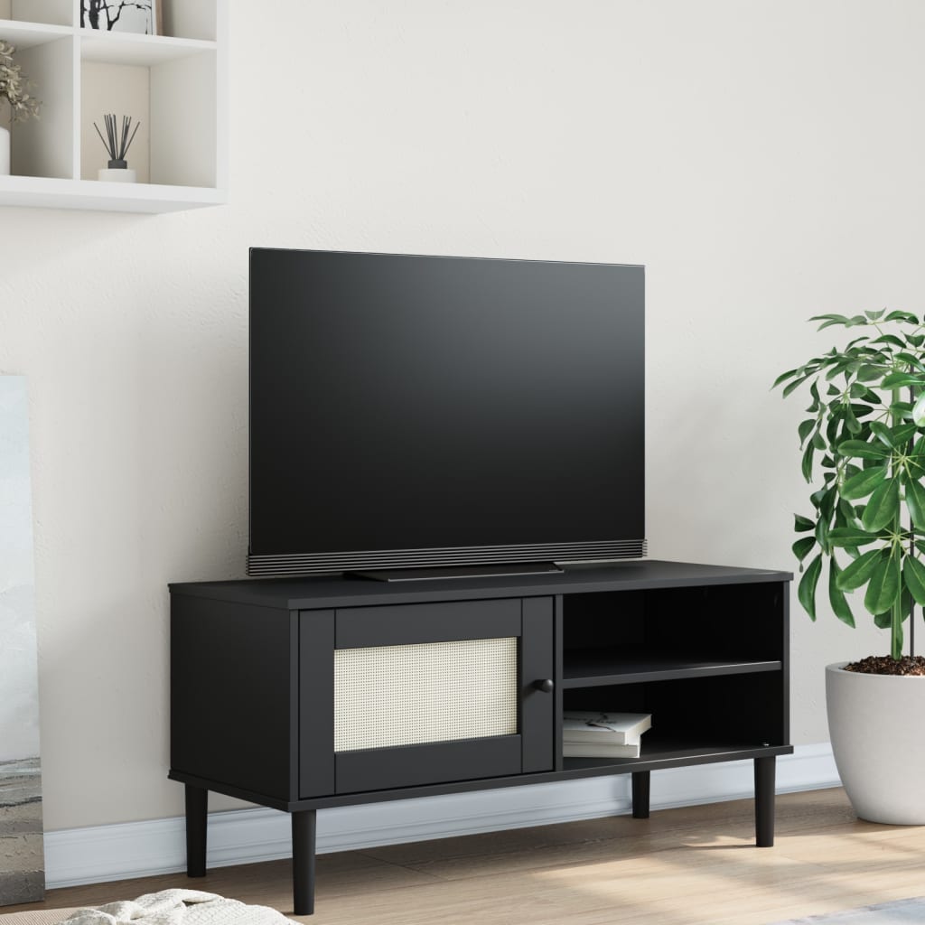 Meuble TV SENJA aspect rotin noir 106x40x49cm bois massif pin - XIOS