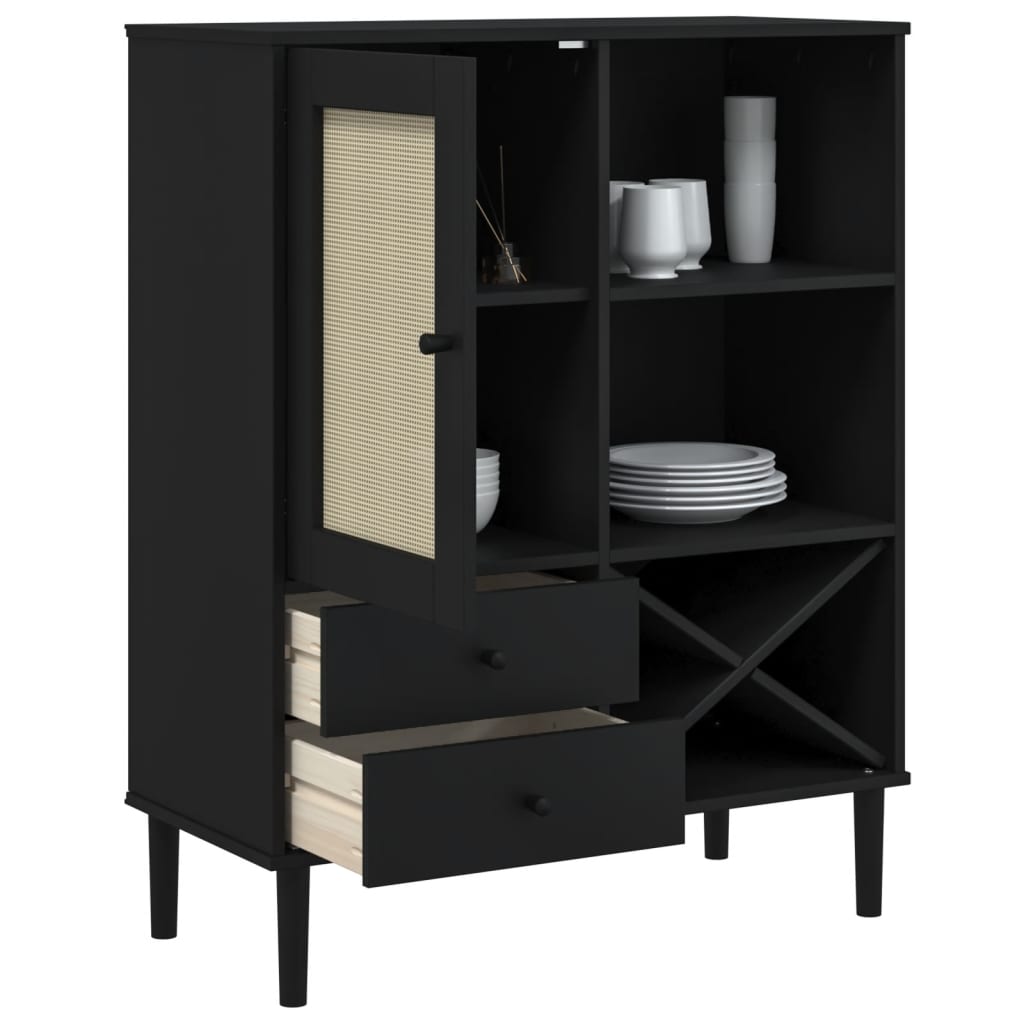 Buffet SENJA aspect rotin noir 90x40x112cm bois massif de pin - XIOS
