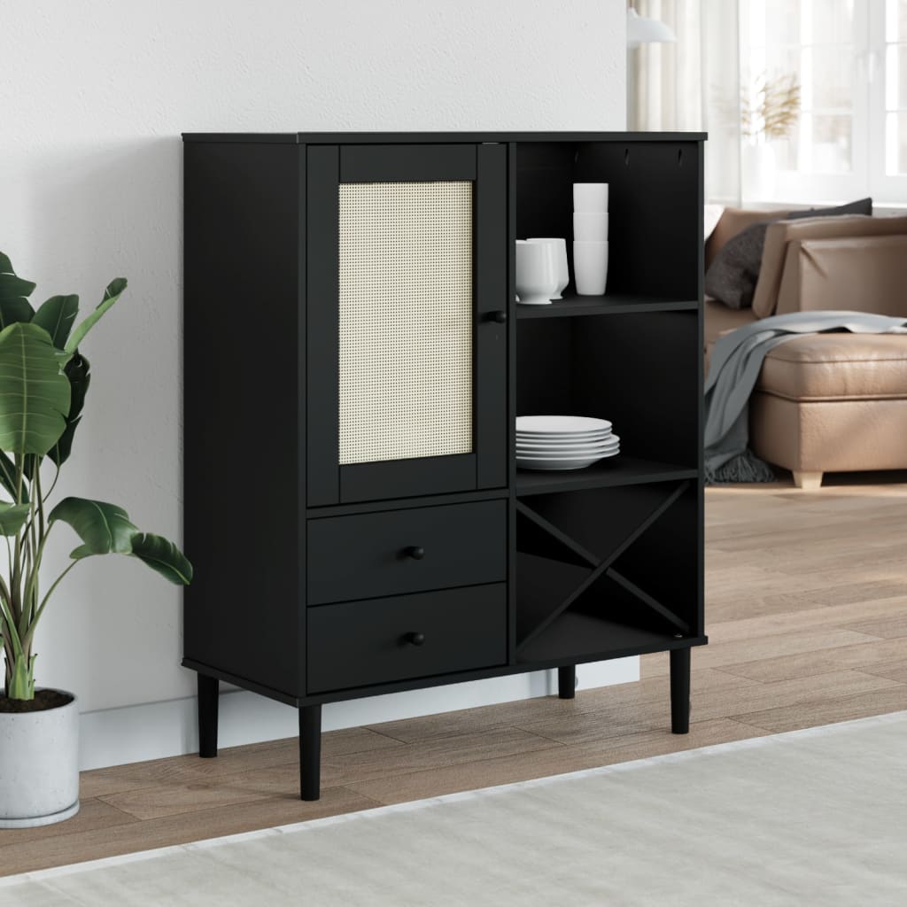 Buffet SENJA aspect rotin noir 90x40x112cm bois massif de pin - XIOS
