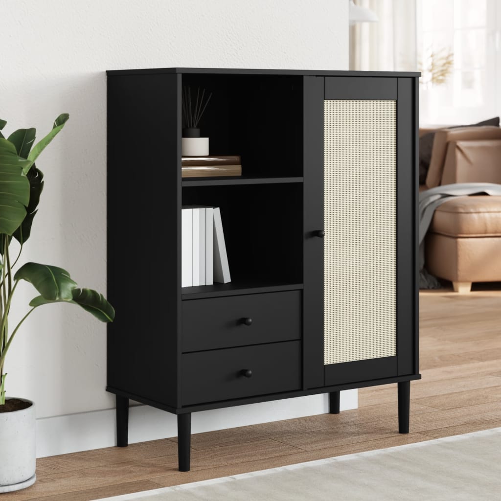 Buffet SENJA aspect rotin noir 90x40x112cm bois massif de pin - XIOS