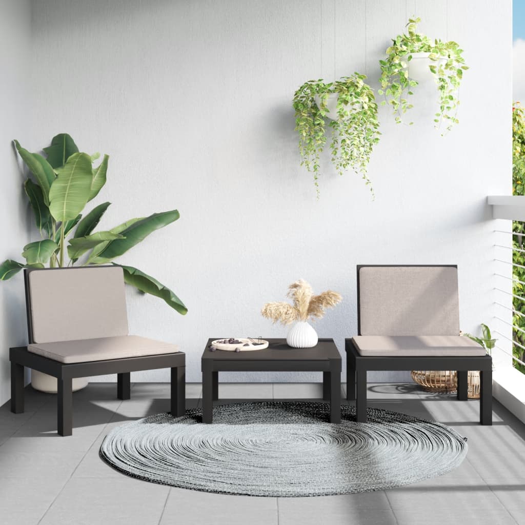 Salon de jardin 3 pcs avec coussins anthracite PP