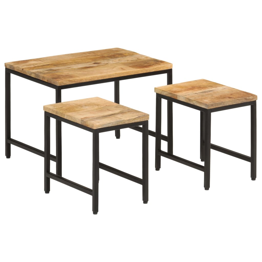 Tables basses gigognes 3pcs bois de manguier massif brut et fer - XIOS