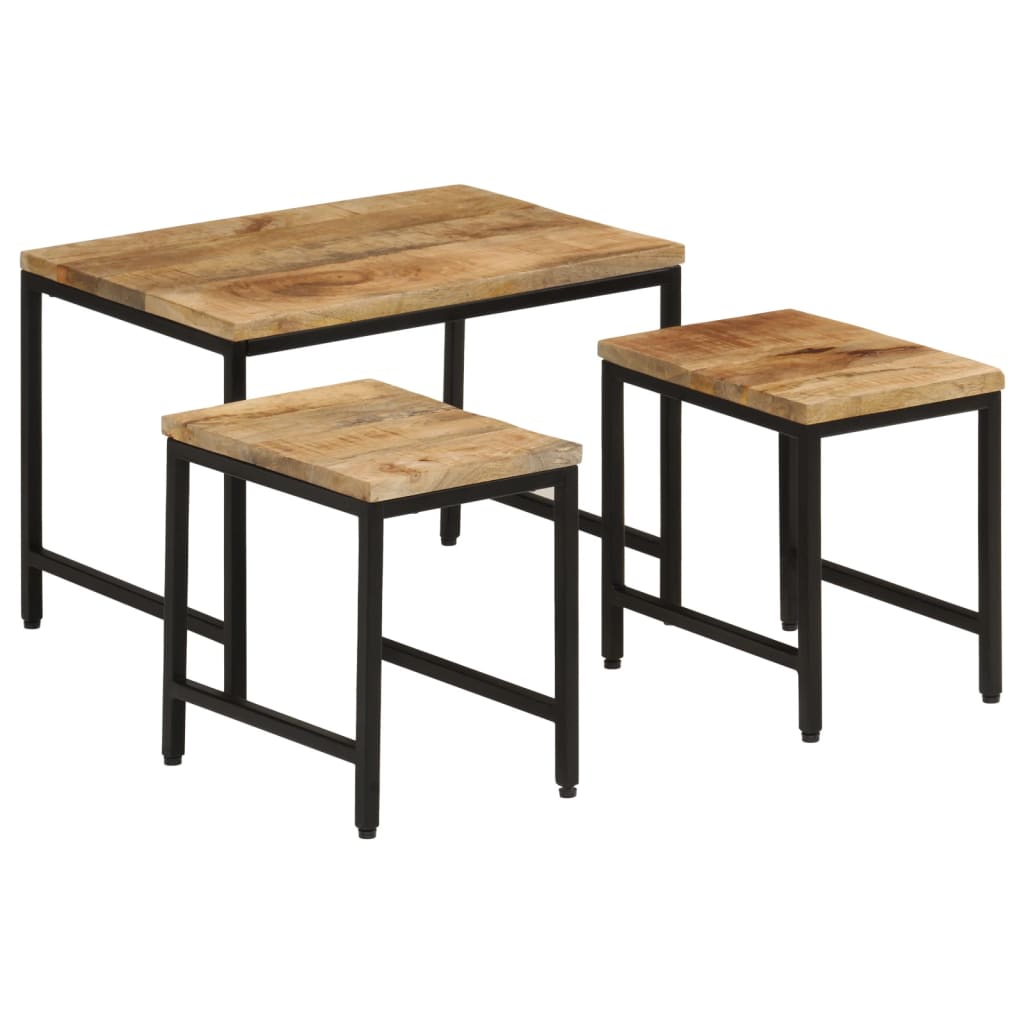 Tables basses gigognes 3pcs bois de manguier massif brut et fer - XIOS