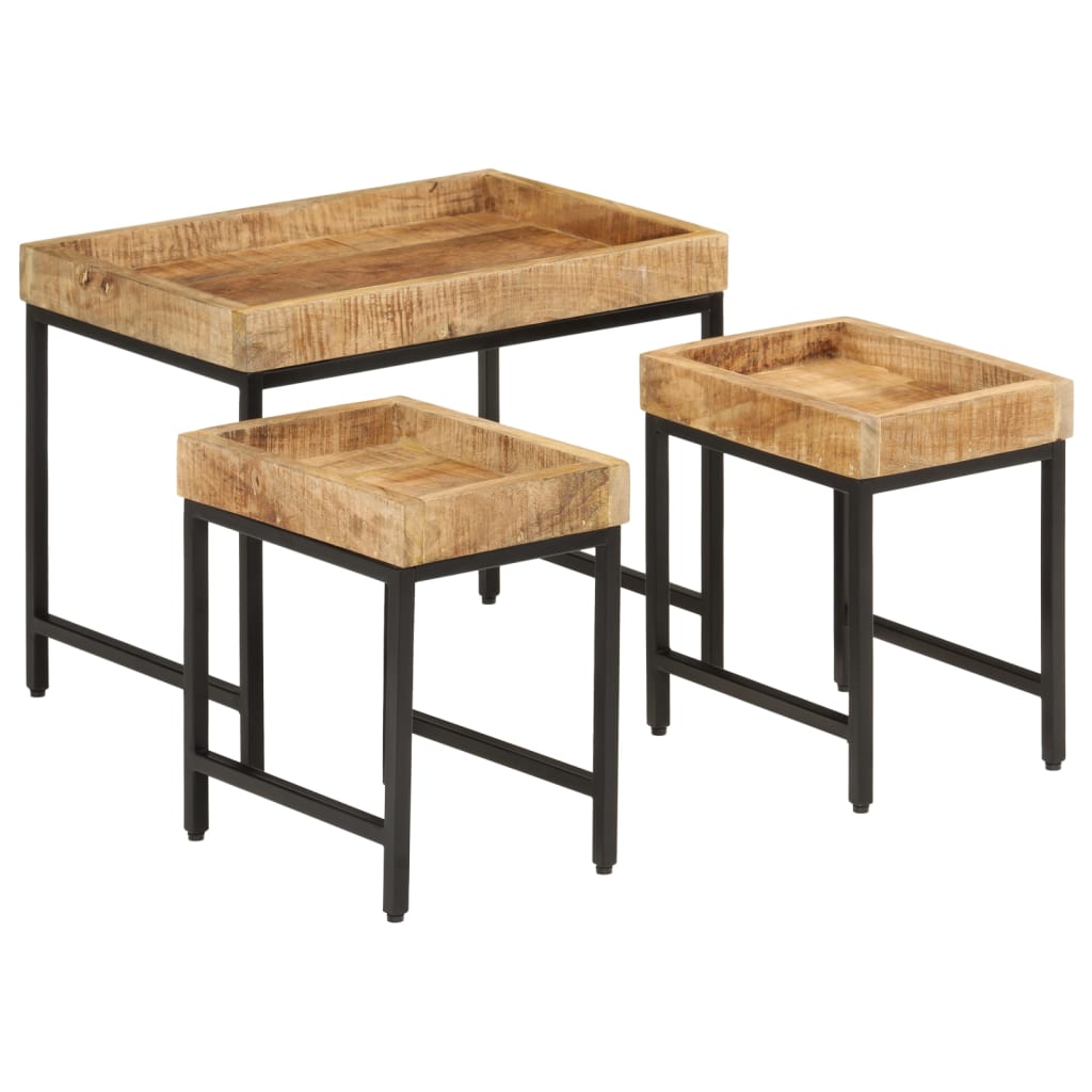 Tables basses gigognes 3pcs bois de manguier massif brut et fer - XIOS