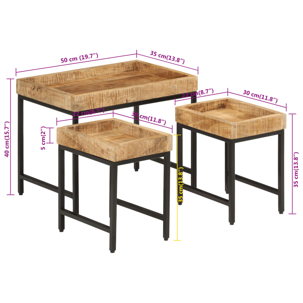 Tables basses gigognes 3pcs bois de manguier massif brut et fer - XIOS