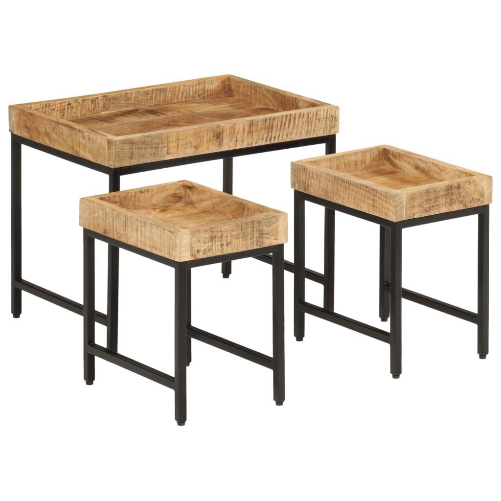 Tables basses gigognes 3pcs bois de manguier massif brut et fer - XIOS