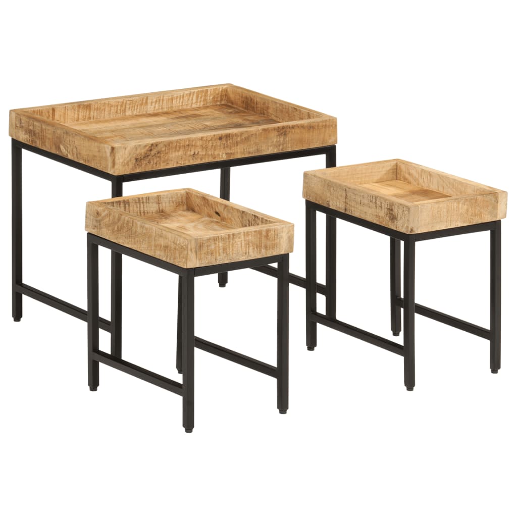 Tables basses gigognes 3pcs bois de manguier massif brut et fer - XIOS