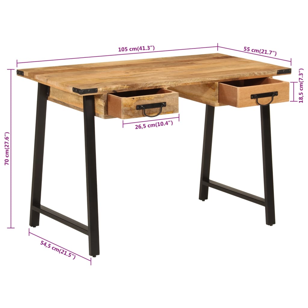 Bureau avec tiroirs 105x55x70 cm bois de manguier massif et fer - XIOS