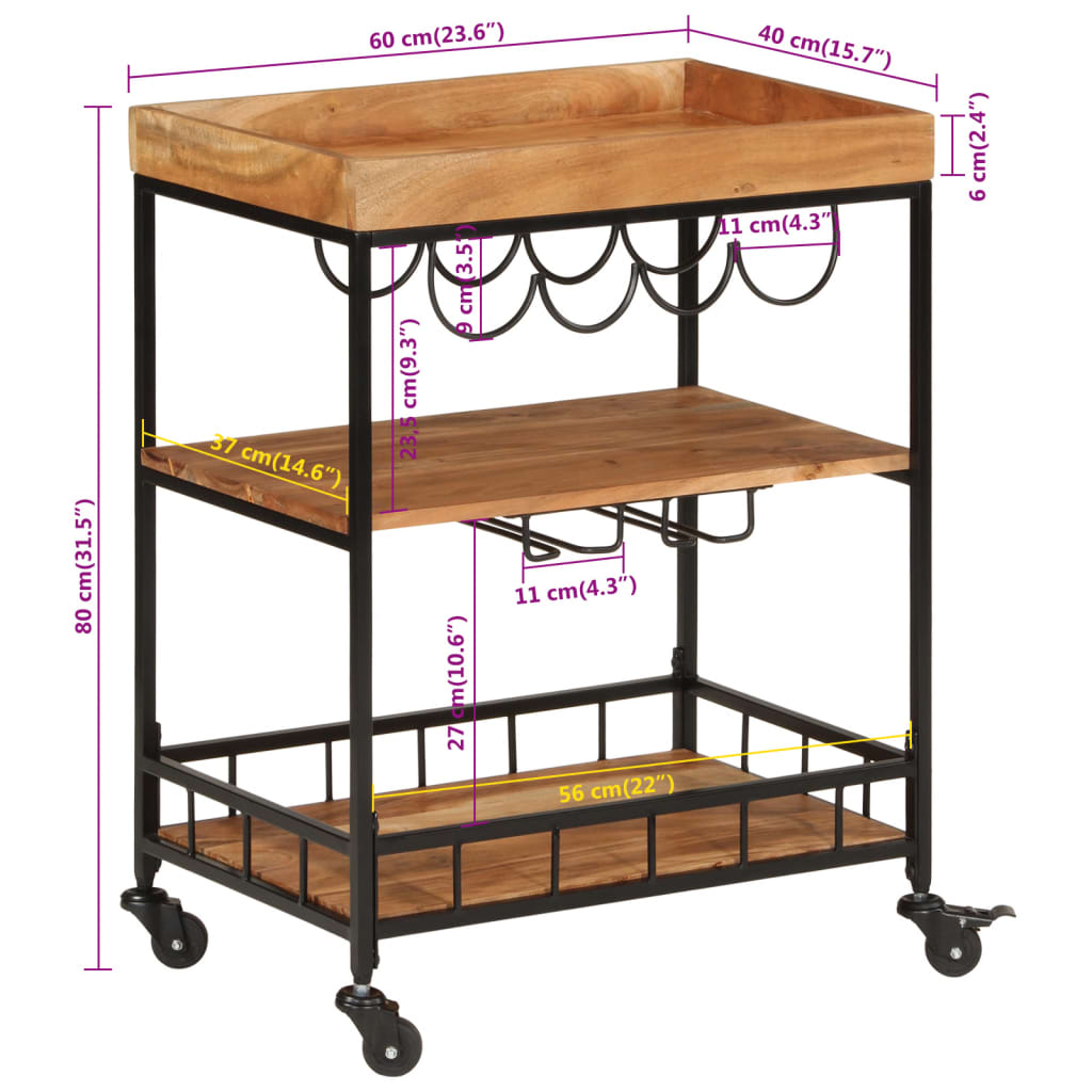 Chariot de bar 60x40x80 cm bois massif d'acacia et fer