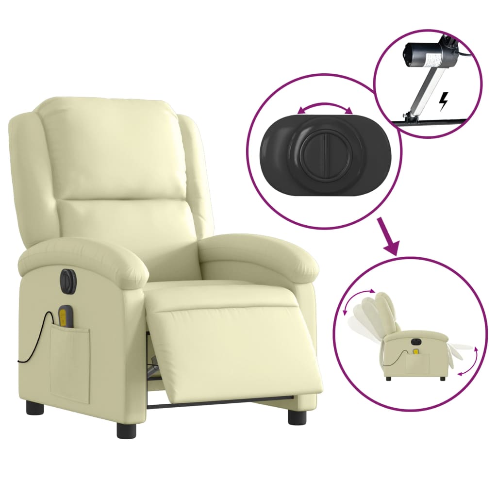 Fauteuil de massage inclinable électrique crème cuir véritable
