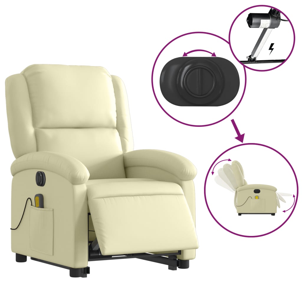Fauteuil inclinable de massage électrique crème cuir véritable