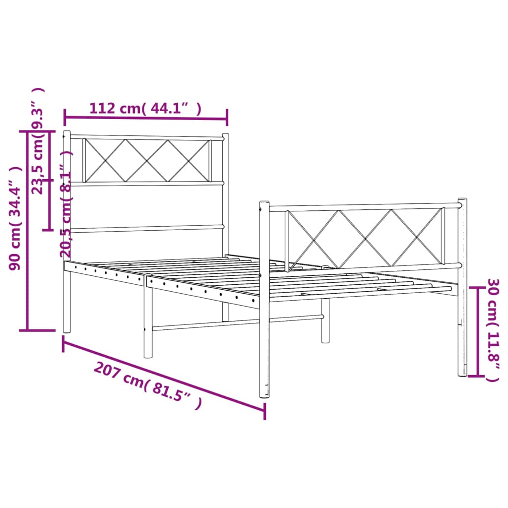 Cadre de lit métal sans matelas avec pied de lit noir 107x203cm - XIOS