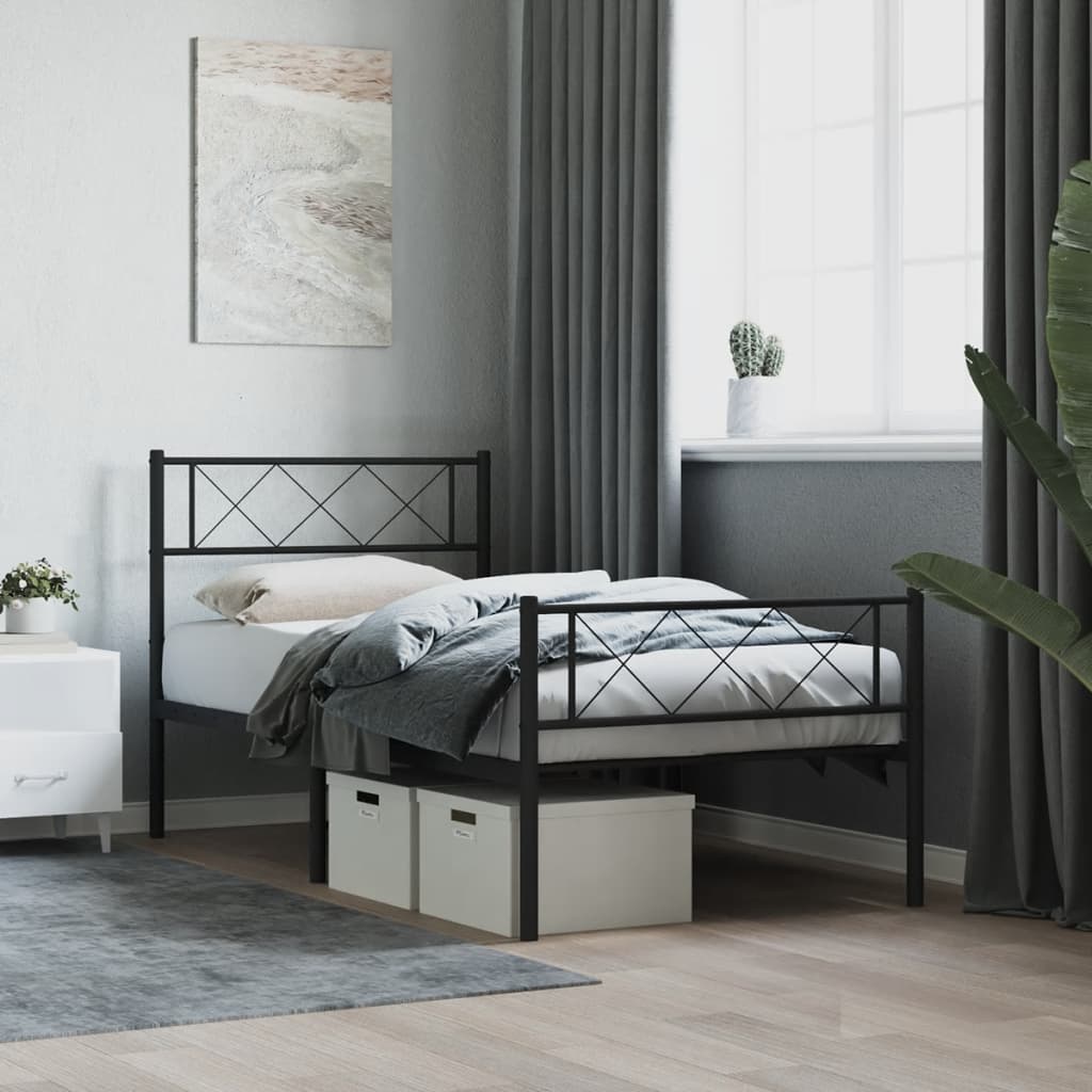 Cadre de lit métal sans matelas avec pied de lit noir 107x203cm - XIOS