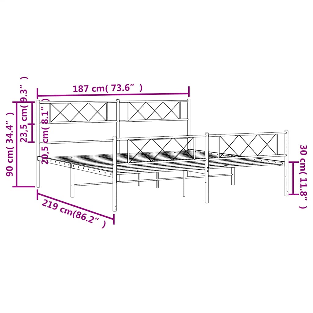 Cadre de lit métal sans matelas avec pied de lit noir 183x213cm - XIOS