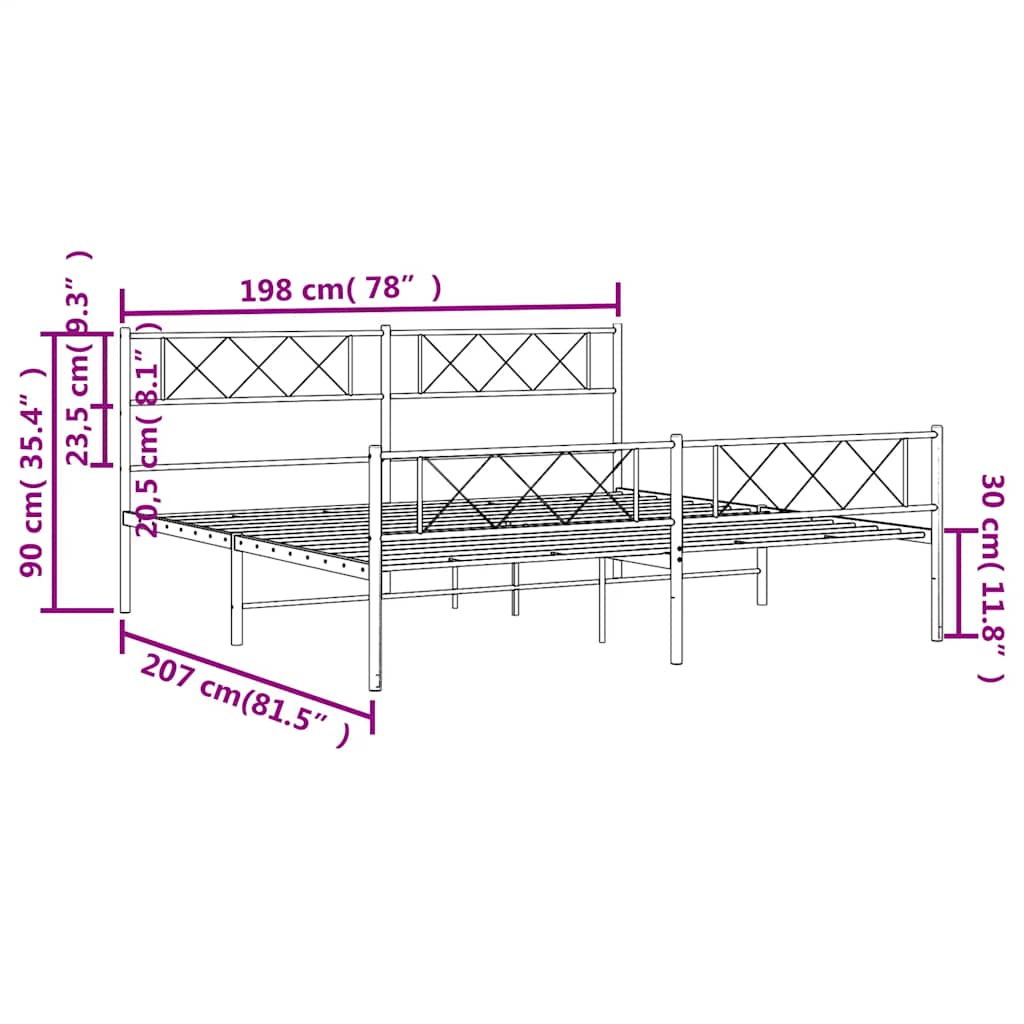 Cadre de lit métal sans matelas avec pied de lit noir 193x203cm - XIOS