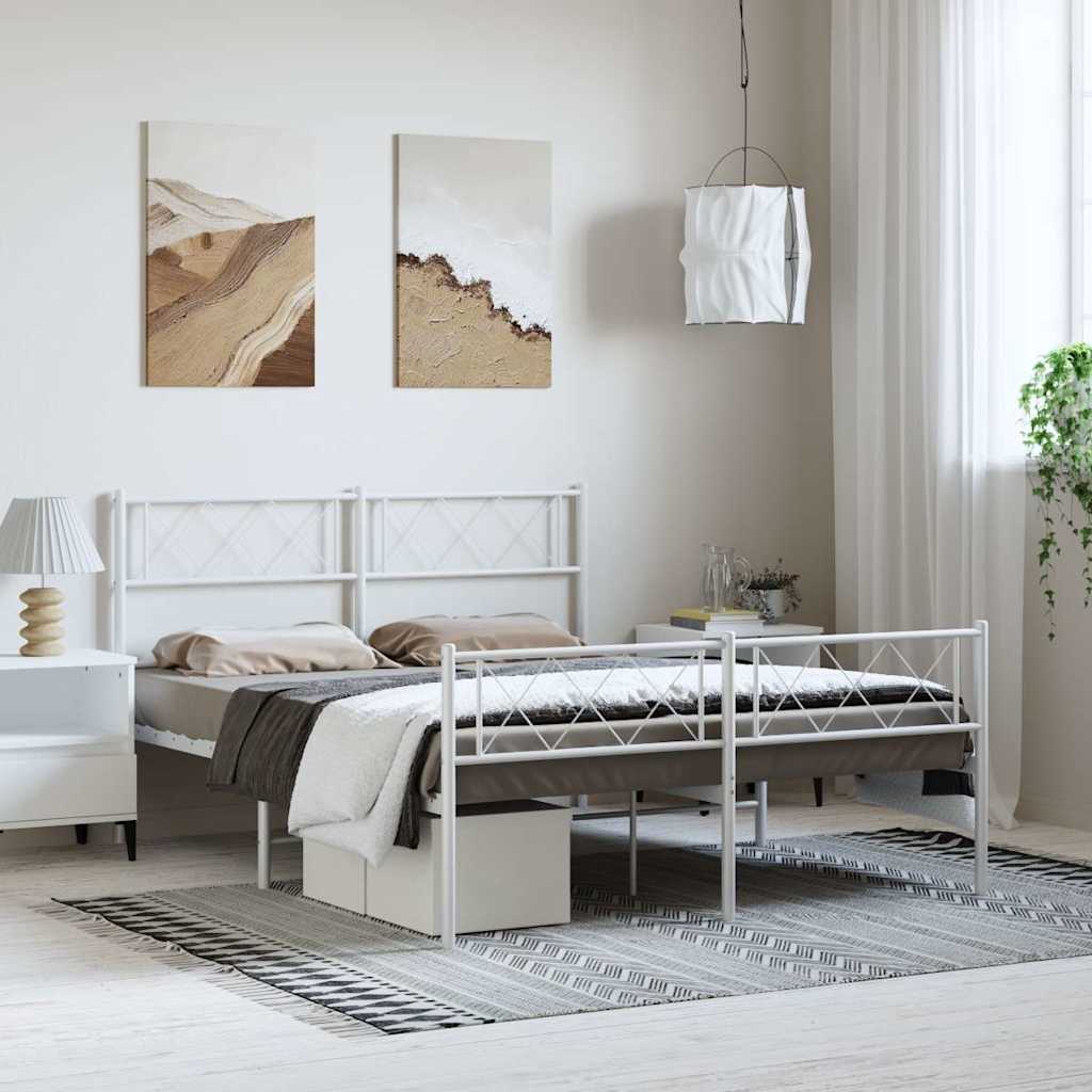 Cadre de lit métal sans matelas et pied de lit blanc 135x190 cm