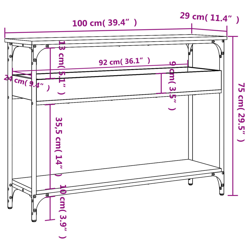 Table console avec étagère sonoma gris 100x29x75 cm - XIOS