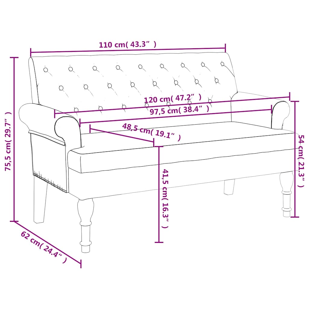 Banc avec dossier gris foncé 120x62x75,5 cm tissu - XIOS