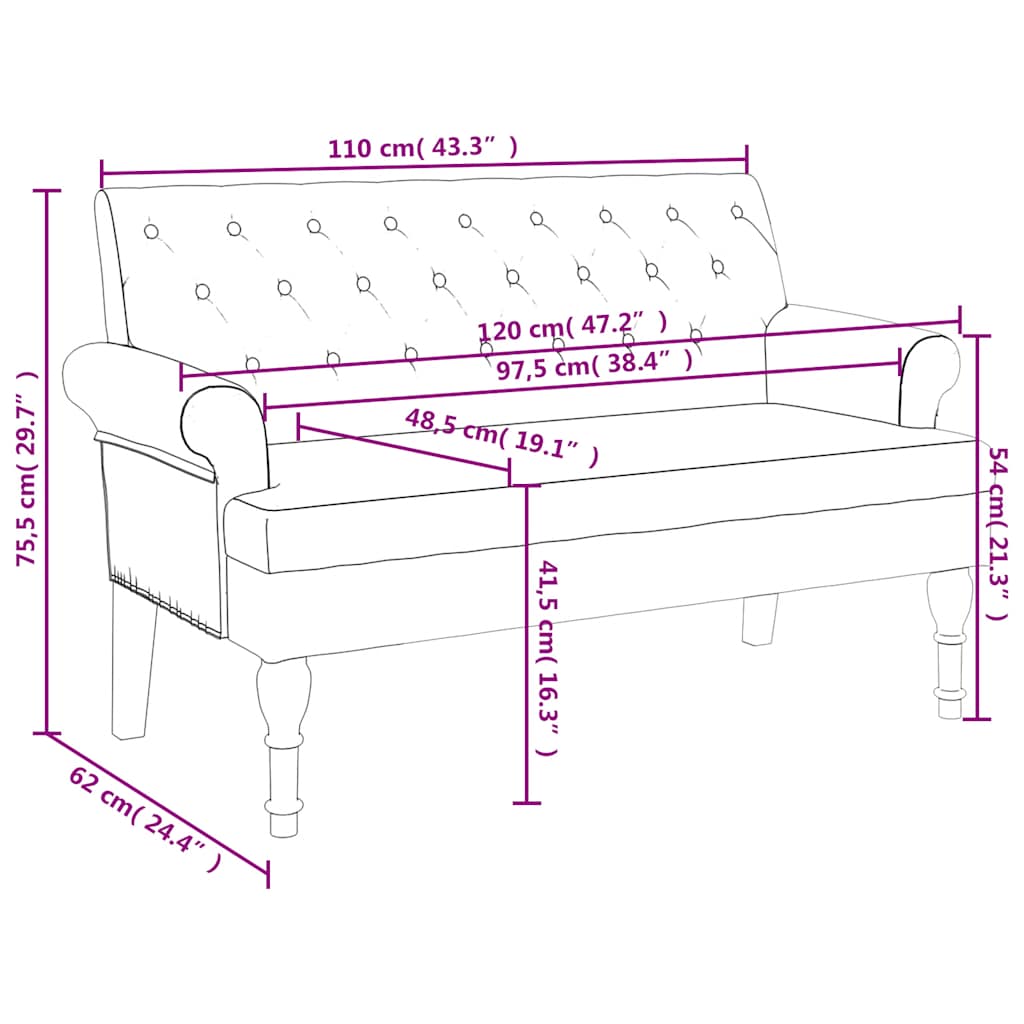 Banc avec dossier noir 120x62x75,5 cm tissu - XIOS