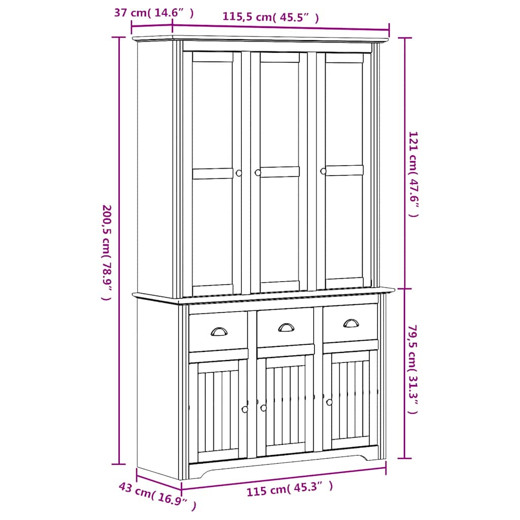 Buffet BODO blanc et marron 115,5x43x200,5cm bois massif de pin - XIOS