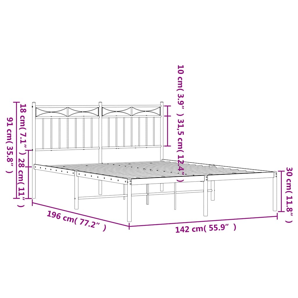 Cadre de lit métal sans matelas avec tête de lit noir 135x190cm - XIOS