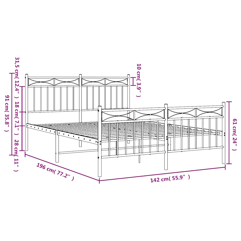Cadre de lit métal sans matelas avec pied de lit noir 135x190cm - XIOS