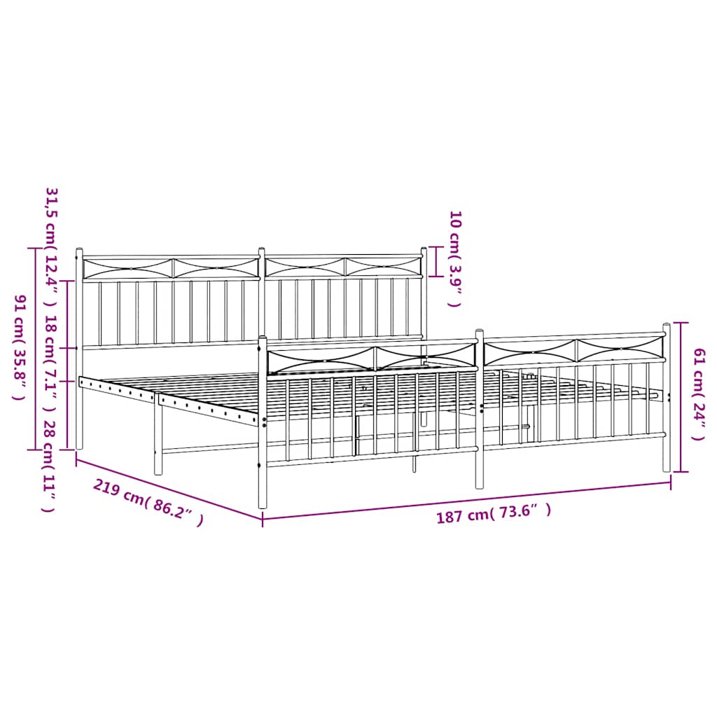 Cadre de lit métal sans matelas avec pied de lit noir 183x213cm - XIOS