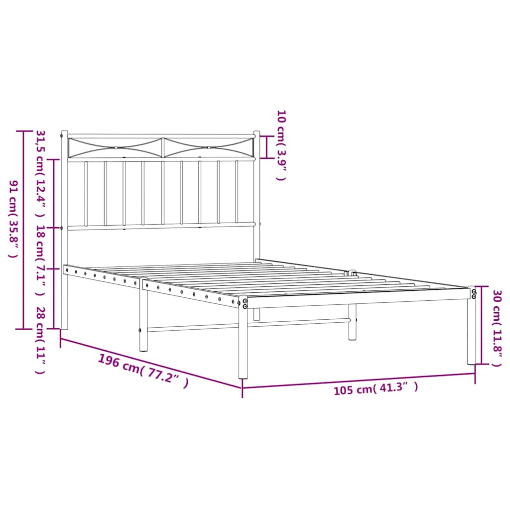 Cadre de lit métal sans matelas et tête de lit blanc 100x190 cm