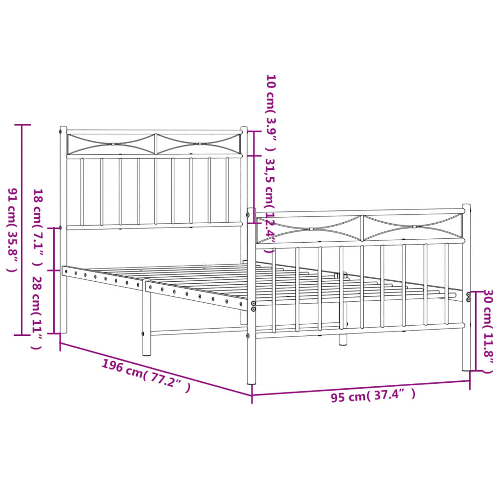 Cadre de lit métal sans matelas avec pied de lit blanc 90x190cm - XIOS